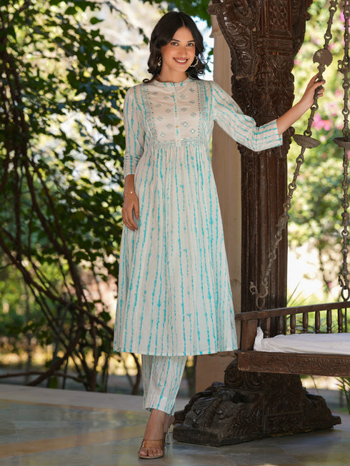 White Pure Cotton Tie & Dye Mirror Work A-line Kurta Pant Set
